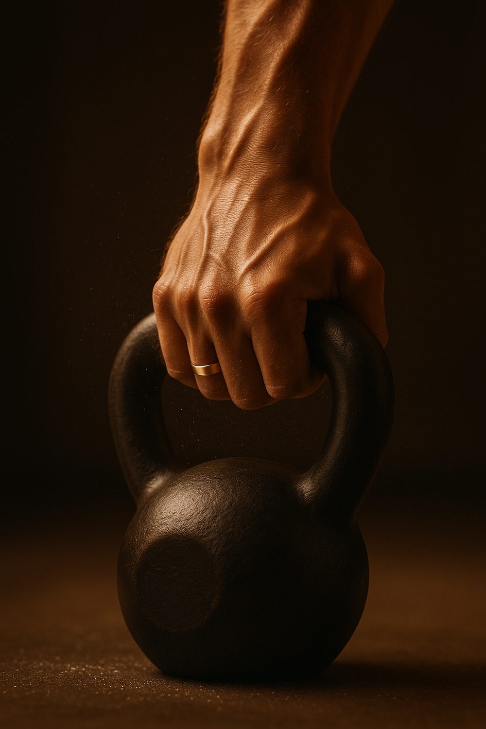Mão com o anel Lume segurando kettlebell