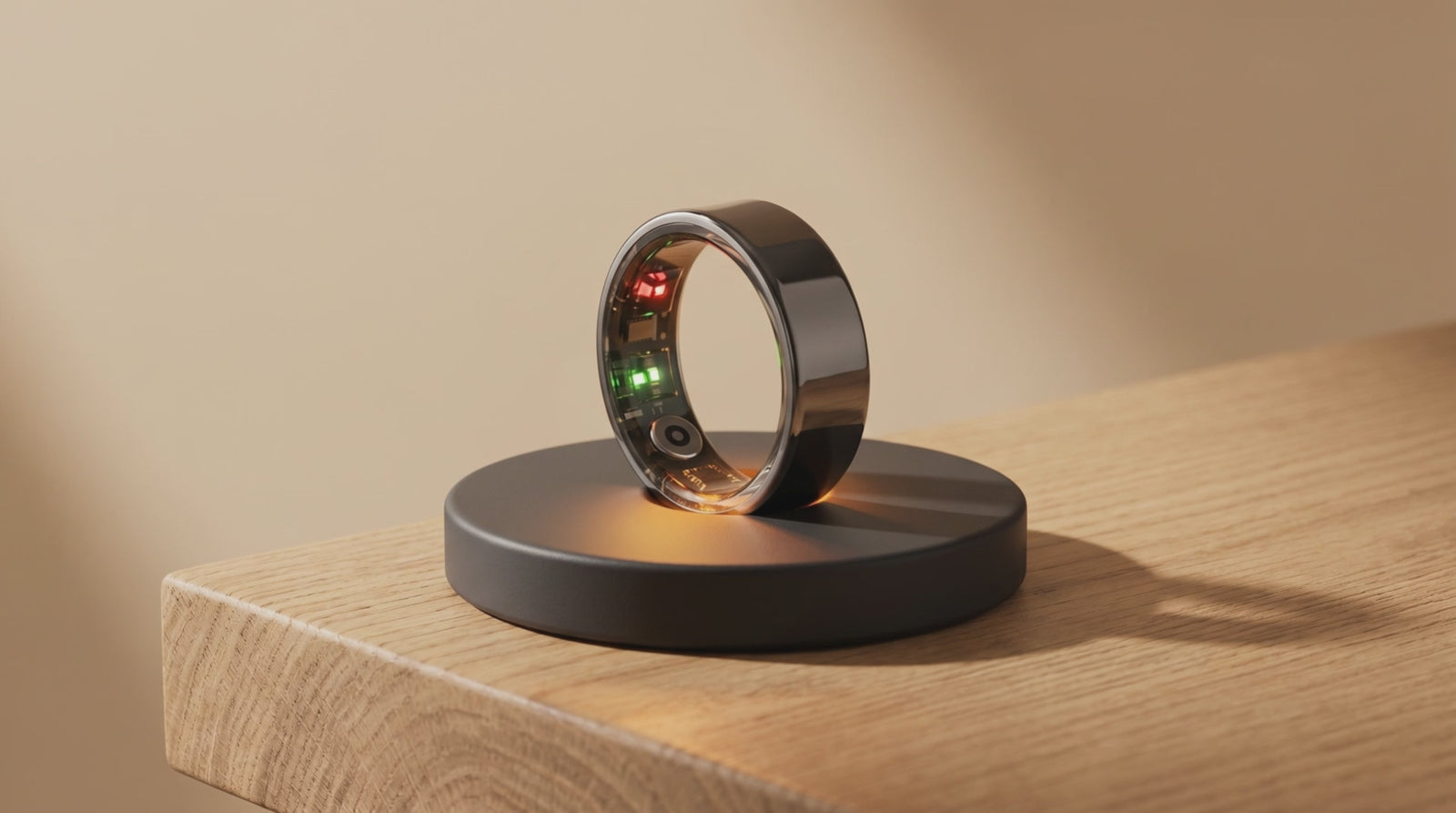 Lume Ring sobre base de carregamento em bancada de madeira
